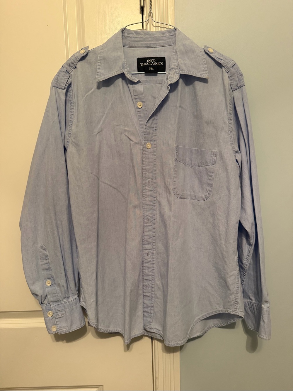 Zara Light Blue Denim Style Long-Sleeve Button Down Shirt